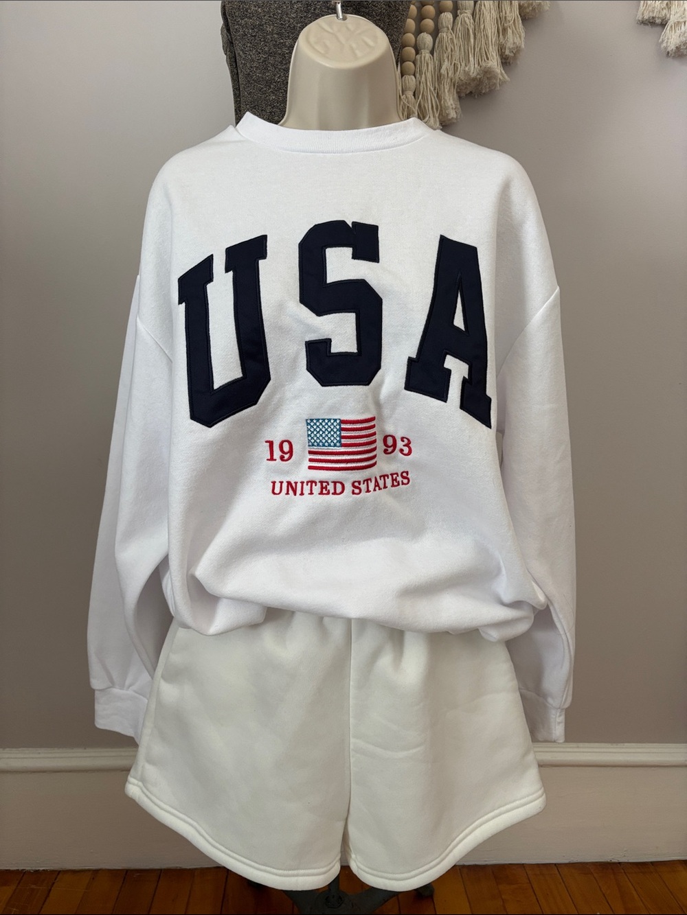 Aeropostale White USA Flag Sweatshirt with Navy Letters